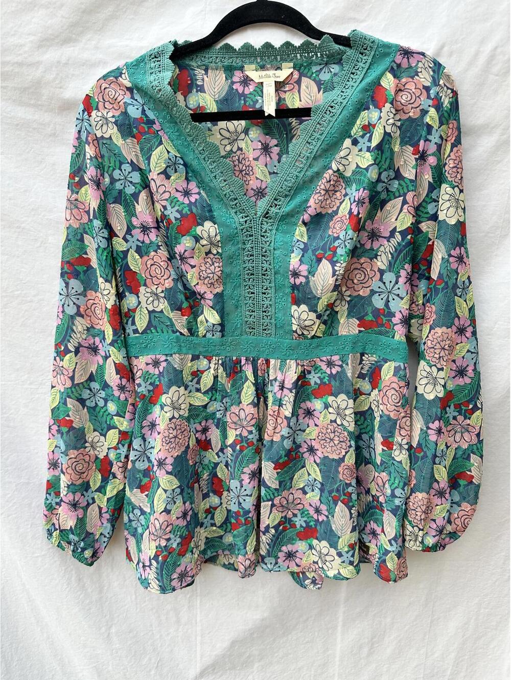 Matilda Jane Women's Kookaburra Floral Lace Trim Semi Sheer Blouse Size Large